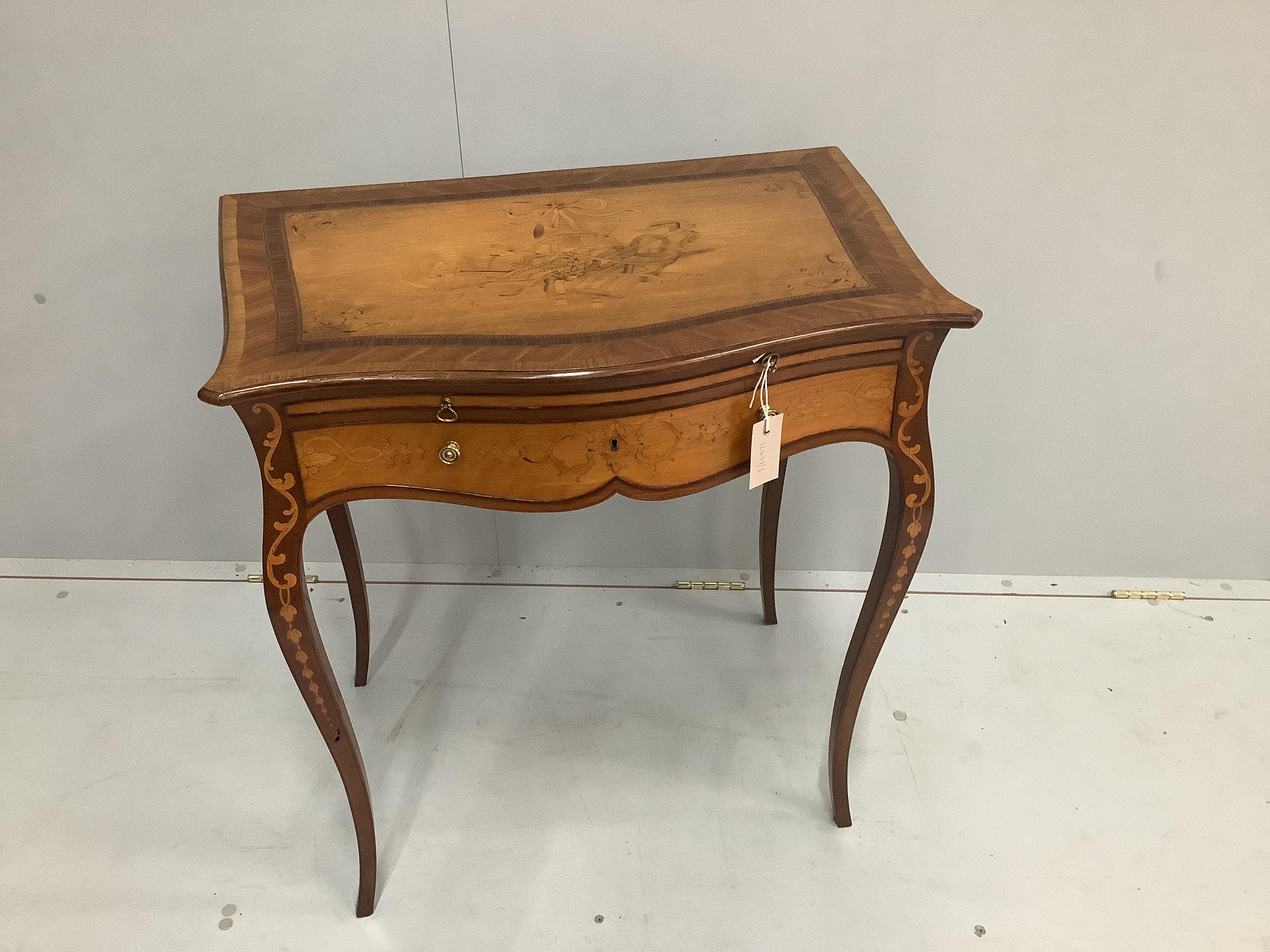 A reproduction marquetry inlaid satinwood and kingwood serpentine enclosed wash stand, width 66cm, depth 45cm, height 74cm